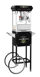 Black 8oz Snack Station popcorn machine with cart - front view with popcorn
