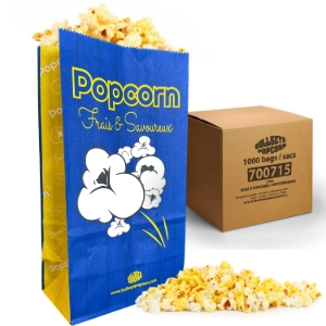 Blue popcorn bag 1.5oz with flat bottom and popcorn