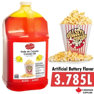 Yellow canola popping oil 3.785L jug with popcorn box