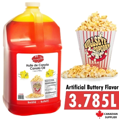 Yellow canola popping oil 3.785L jug with popcorn box